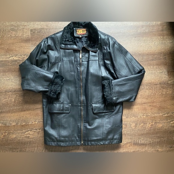G-III Vintage 100% black Leather Jacket men’s L faux fur trim 90s streetwear EUC